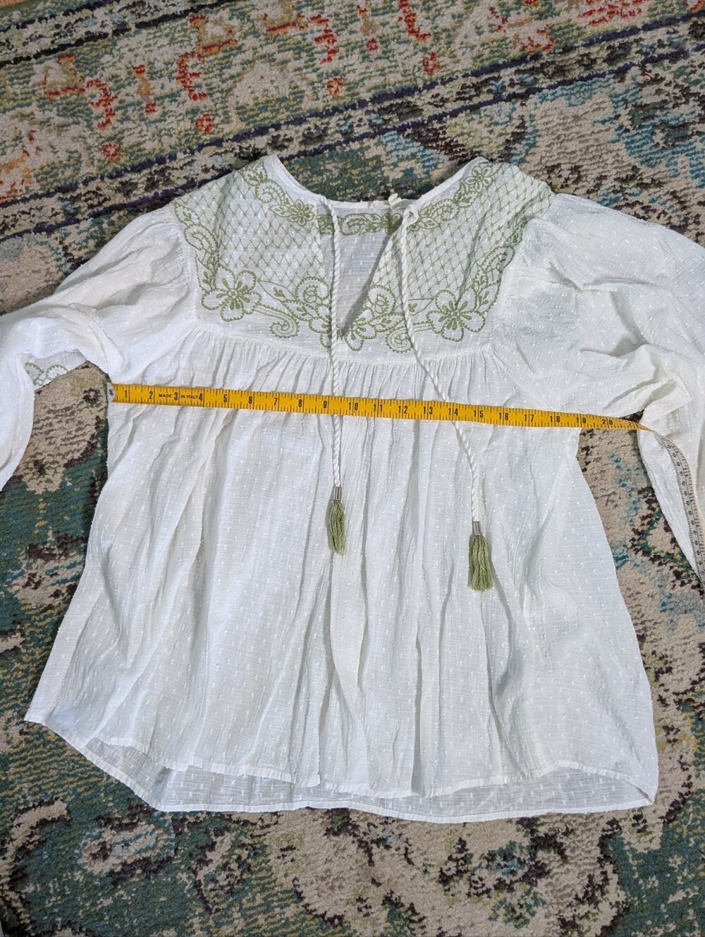 Embroidered White Peasant Blouse with Green Accents - Picture 8 of 10